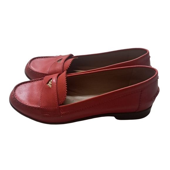 Tory Burch Penny Loafers Women's 7.5 Crimson Red Gold‎ Leather Logo Classic